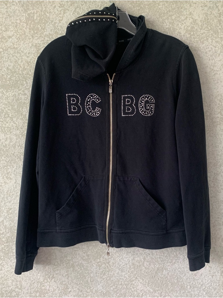 Bcbg Women's Black Studded Logo Zip-Up Hoodie Xl Y2k Mcbling Bedazzled Soft